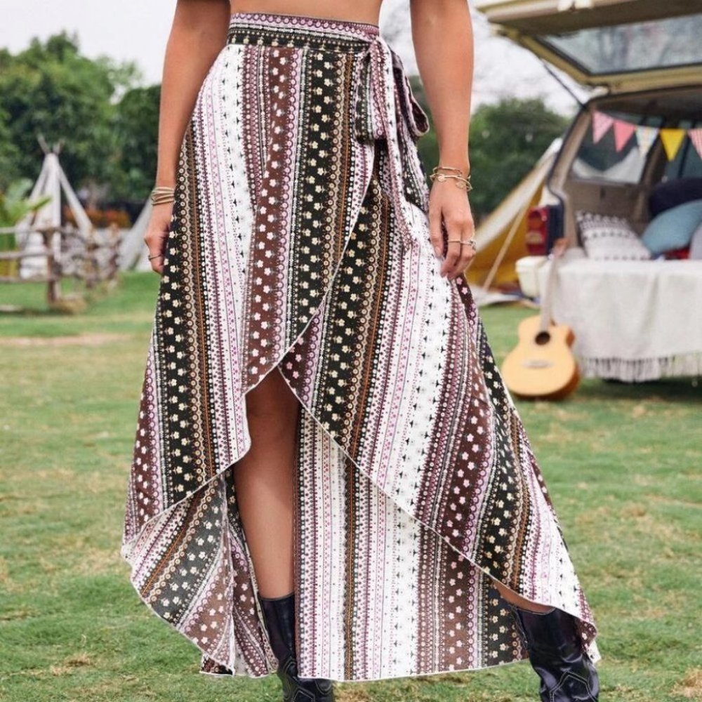 Brown Tribal Boho Ditsy Floral Print Knot Side Wrap Skirt - Picture 4 of 5